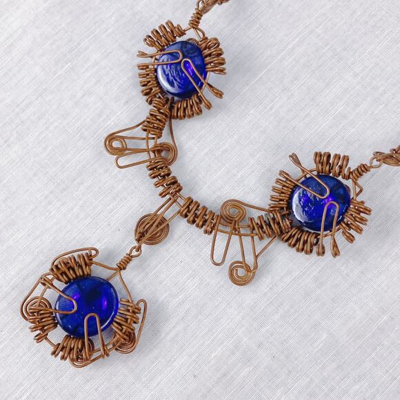 Handmade Wire-Wrapped Copper Necklace with Deep Blue Glass Cabochon Boho Pendant - Picture 10 of 10
